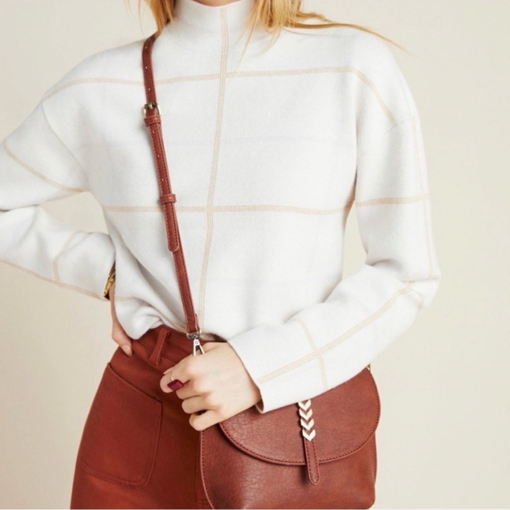 Anthropologie Sweater Mock Neck Windowpane Cream and Tan Medium Neutral
